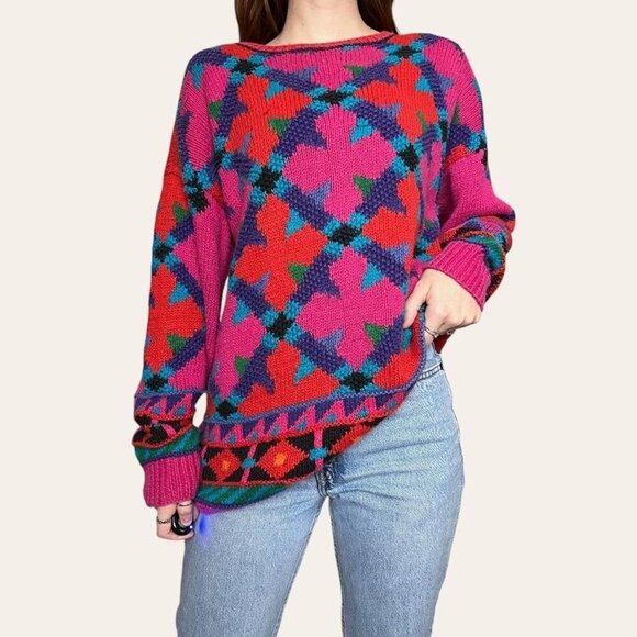 80s/90s funky patterned vintage geometric colorful vibrant knit sweater Large - Picture 2 of 8
